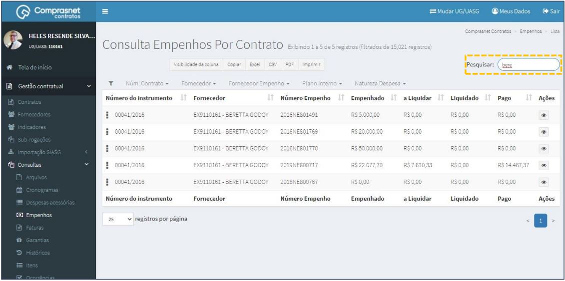 FIGURA 3 - Pesquisa de Empenhos de Contratos