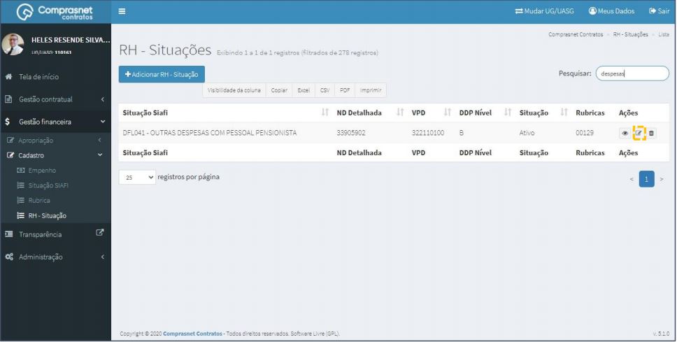 FIGURA 5 - Lista de Cadastro de RH - Situações